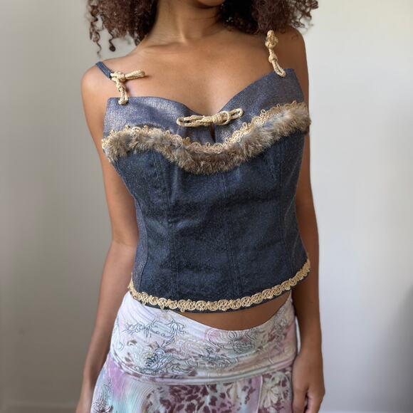 Vintage Italian Denim Corset Top with Fur Trim & Lace-Up Back (M) - Picture 1 of 11